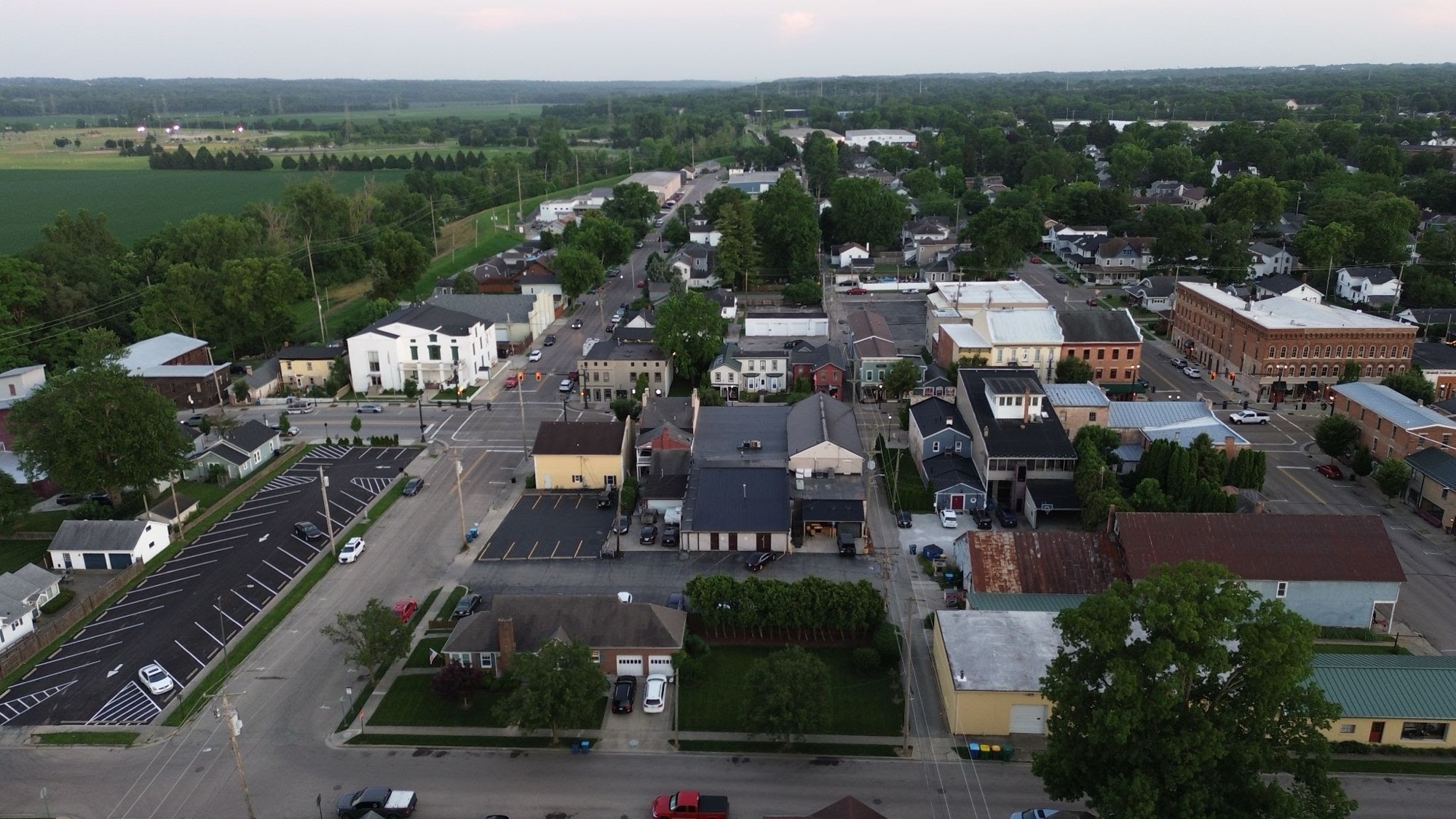 Small-town downtown main street from above
